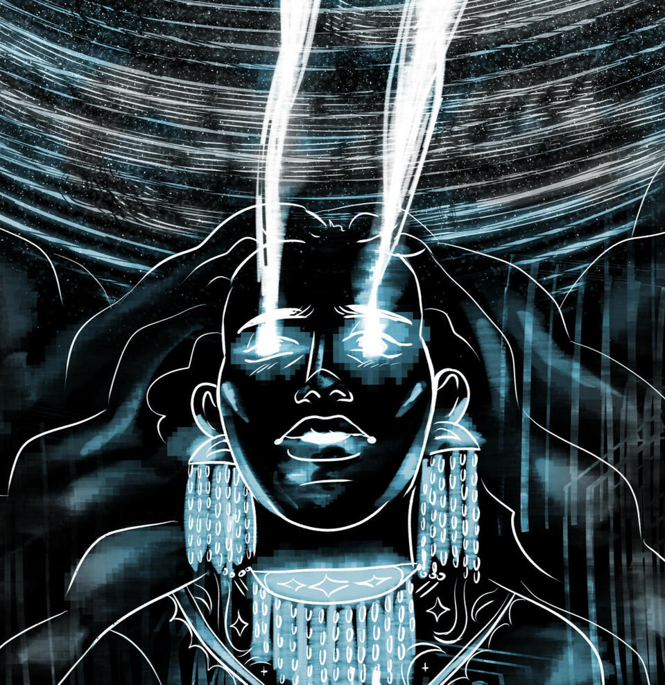 A woman with glowing white eyes like shooting stars, against a starry night background.